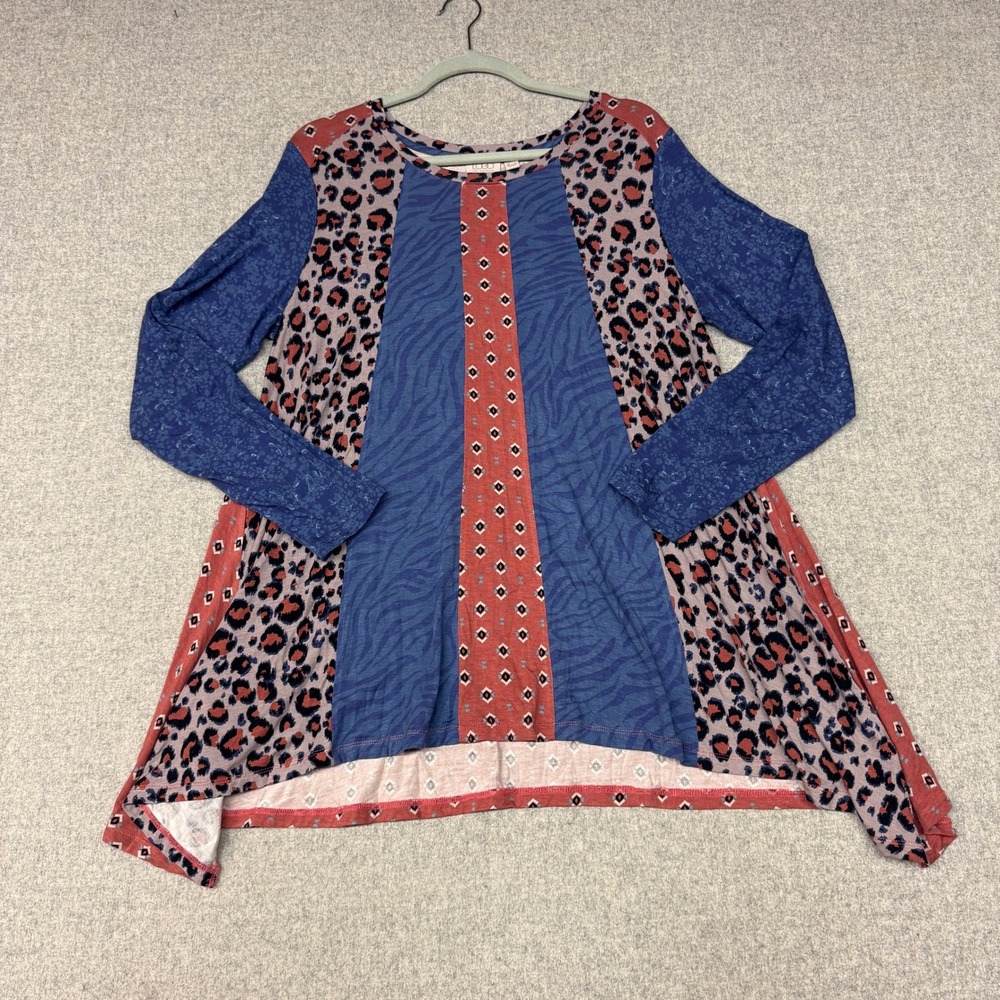 LOGO Lori Goldstein Tunic Top L Blue Terracotta Mixed Print Sharkbite Hem Rayon
